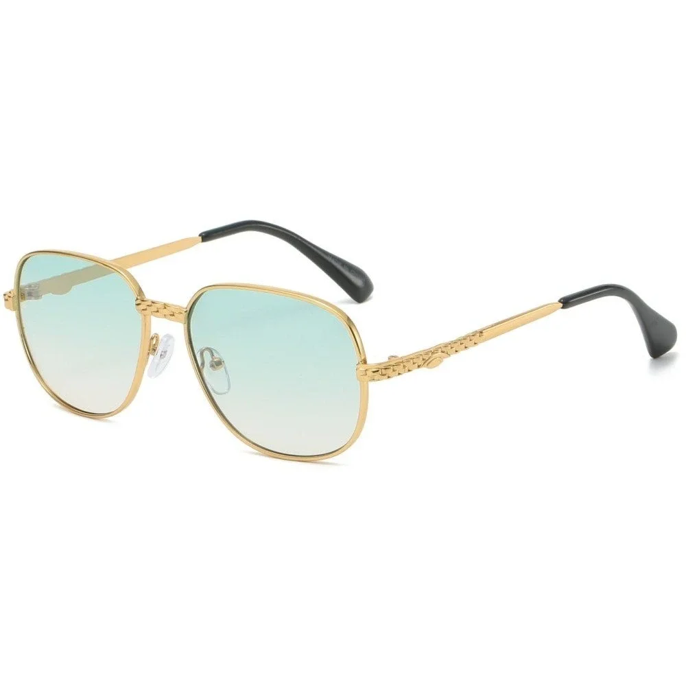 Mens Gold Square Aviator Sunglasses‎ Green Gradient Lens Textured Metal Frames